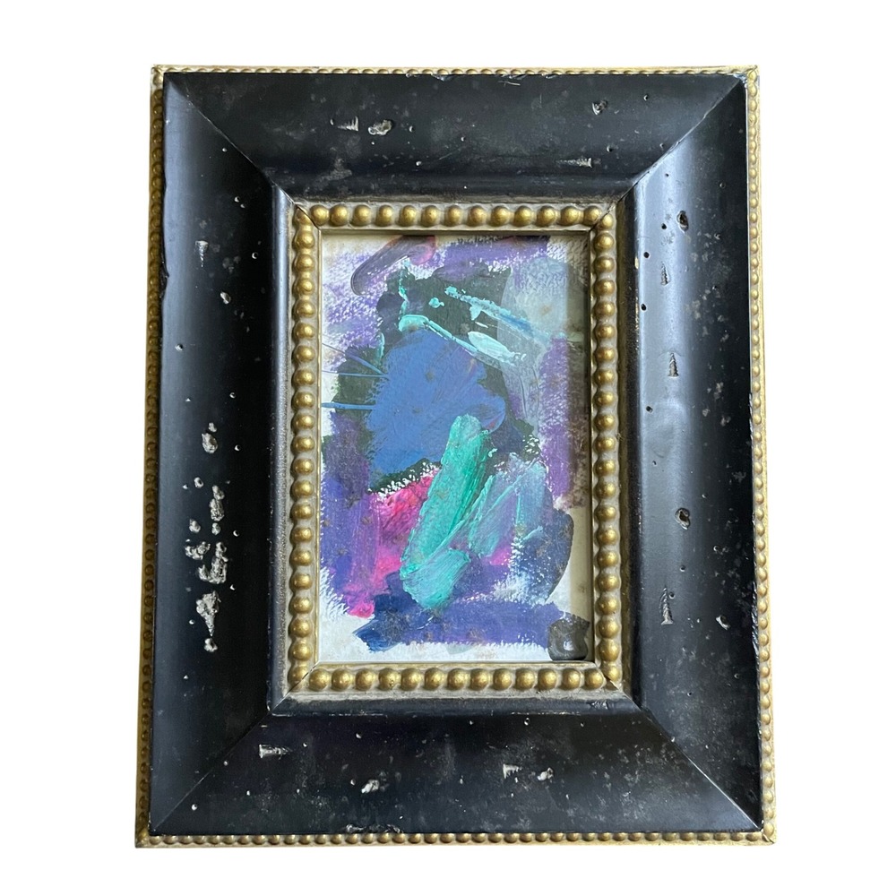 O Vintage 8x10 Miniature Abstract Painting Distressed Black Gold Gilt Frame